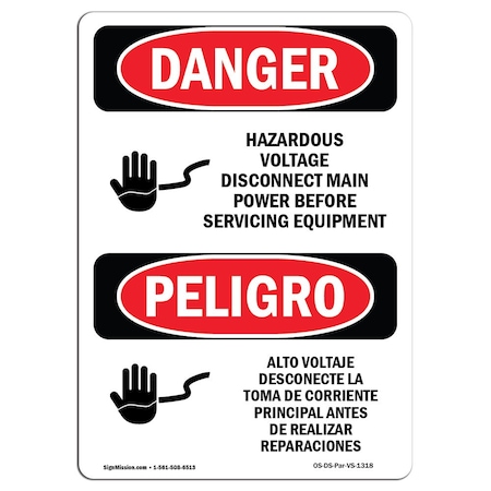 Signmission Safety Sign, OSHA Danger, 24" Height, Aluminum, Voltage Disconnect Main Power Spanish OS-DS-A-1824-VS-1318
